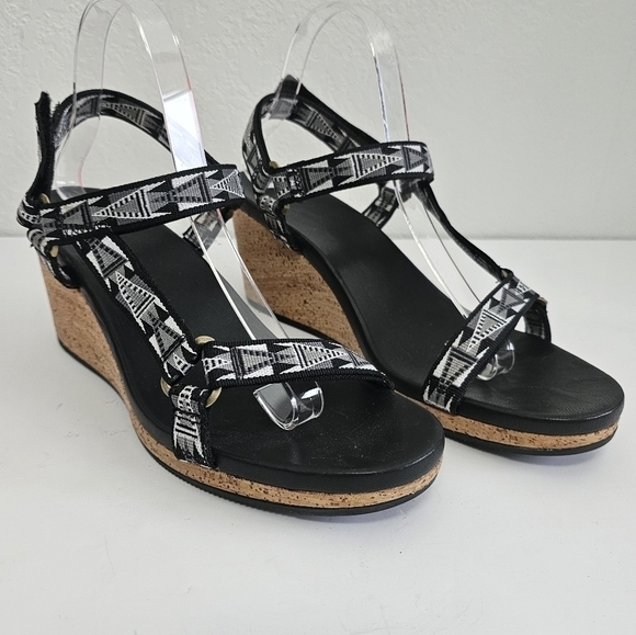 Teva Arrabelle Cork Wedge Heel Sandals Mosaic Black Canvas Straps Size 11 - Picture 1 of 9